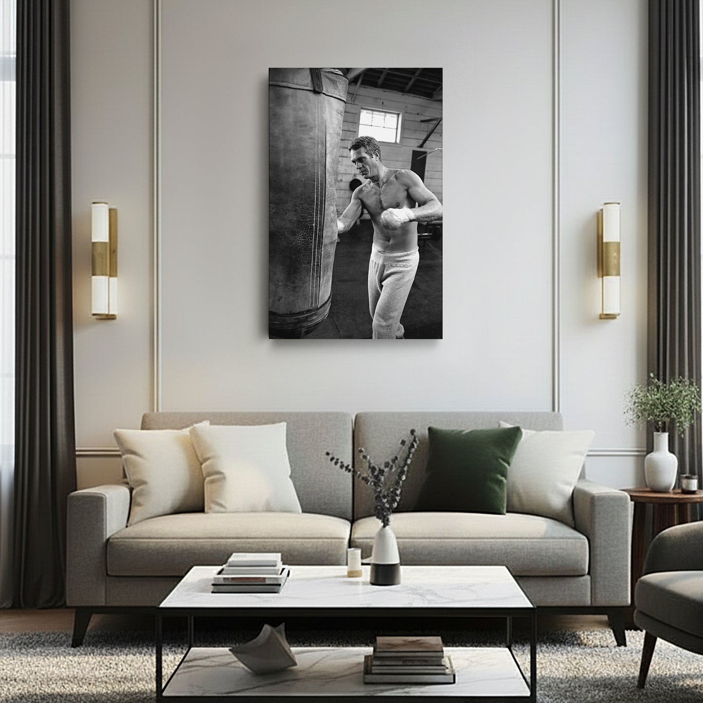 Steve McQueen Boxing Canvas Art – Black and White Training Moment Decor