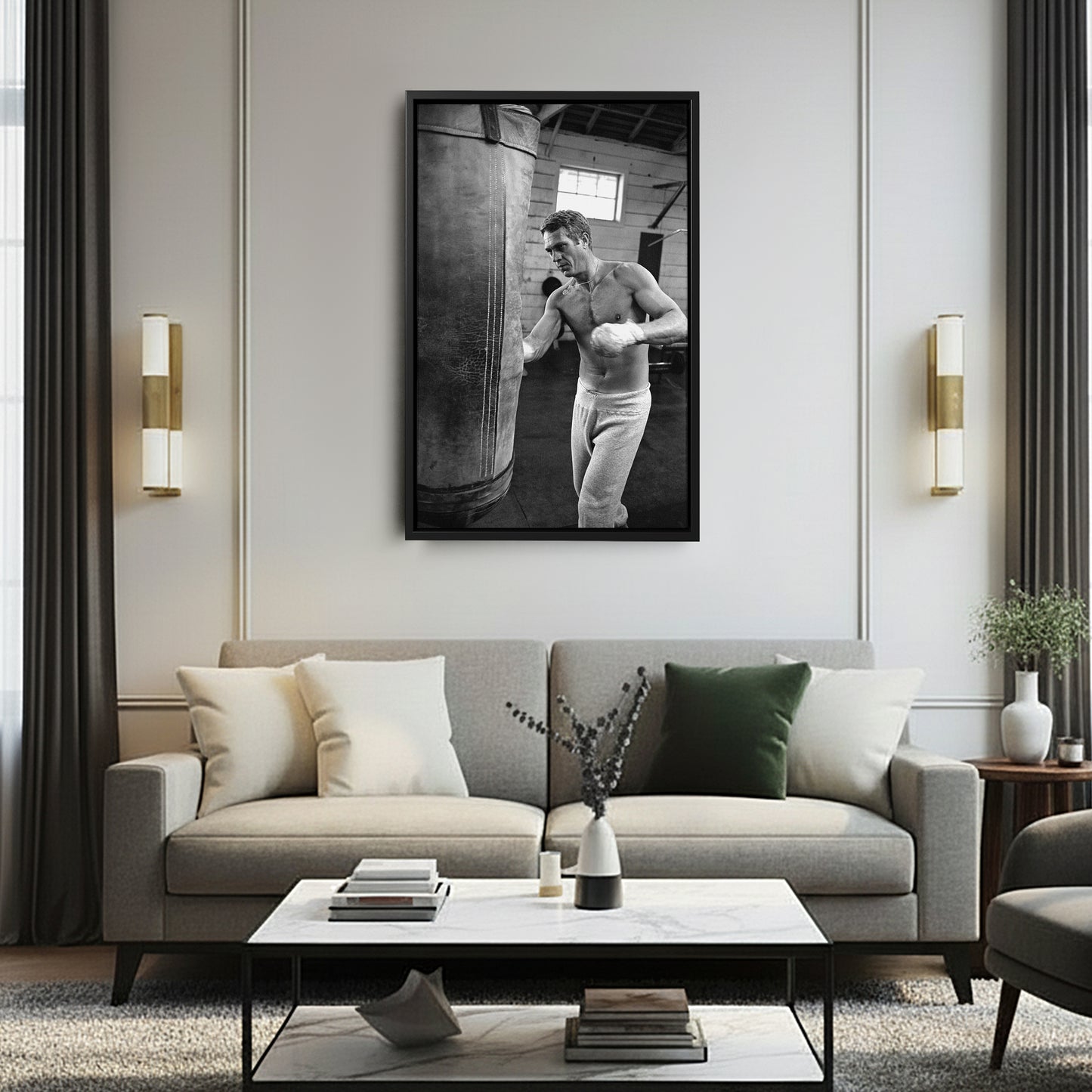 Steve McQueen Boxing Canvas Art – Black and White Training Moment Decor