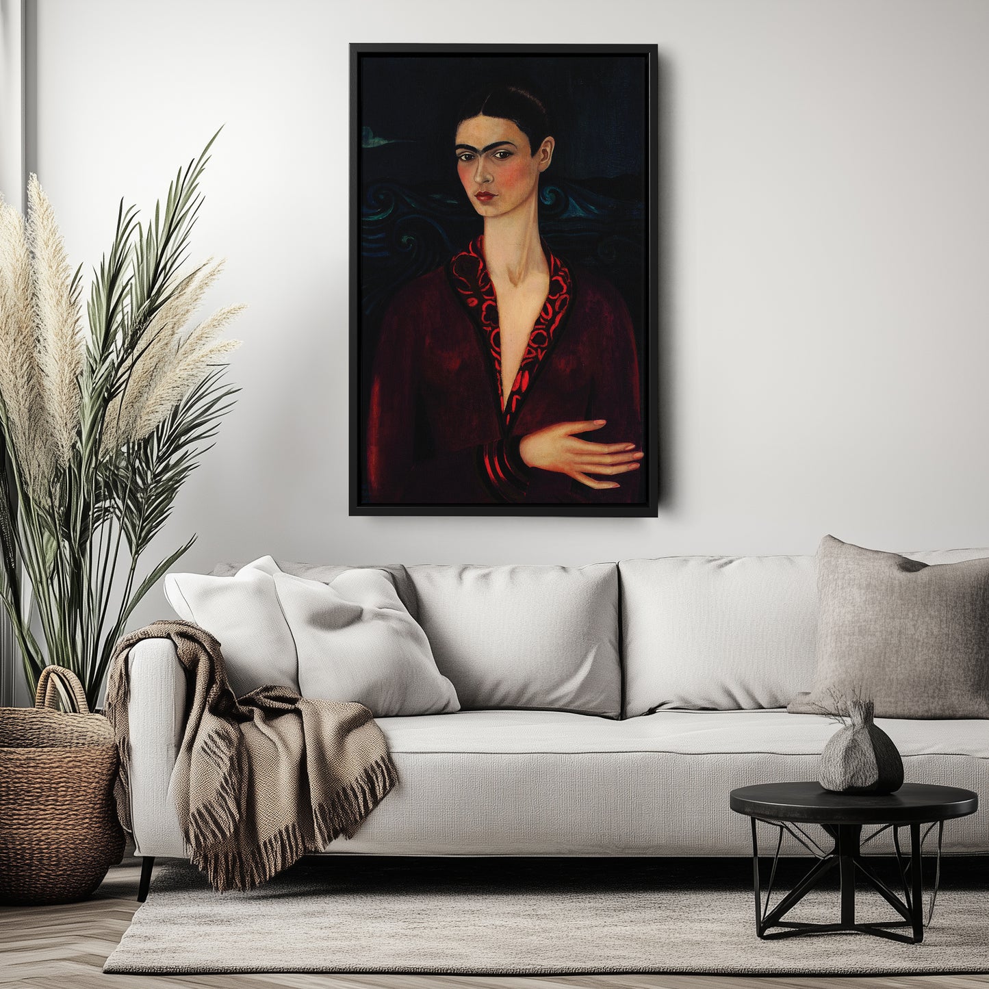Frida Kahlo Red Dress Canvas Wall Art – Vibrant Painter's Portrait