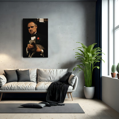 Godfather Marlon Brando Vito Corleone with Cat Canvas Wall Art – Iconic Movie Scene