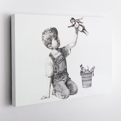 Banksy 'Boy with Superhero Doll' Canvas Print - Framed Wall Art