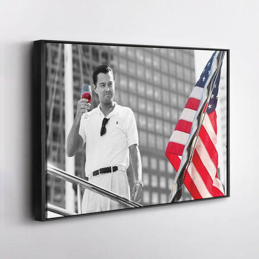 The Wolf of Wall Street with American Flag Canvas Wall Art – Iconic Movie Moment Decor