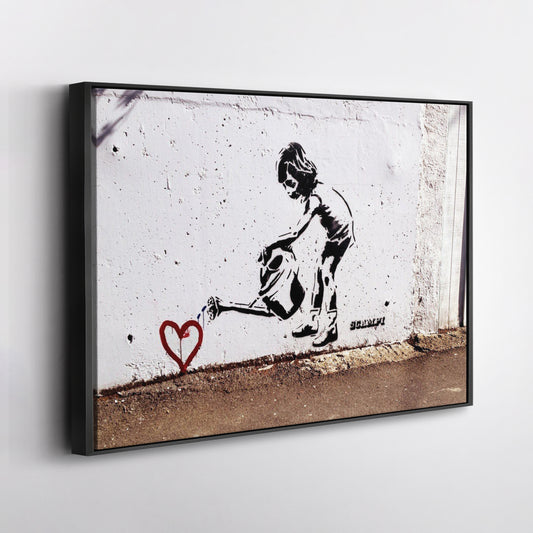 Banksy 'Children Water to Love Heart' Canvas Print - Framed Wall Art