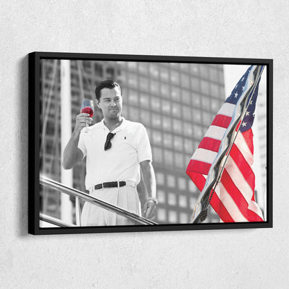 The Wolf of Wall Street with American Flag Canvas Wall Art – Iconic Movie Moment Decor