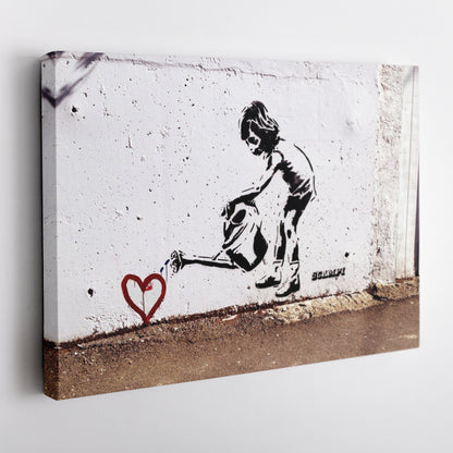 Banksy 'Children Water to Love Heart' Canvas Print - Framed Wall Art