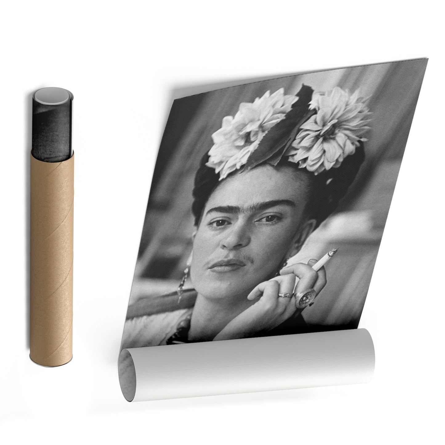 Frida Kahlo Smoking Black and White Canvas Wall Art – Iconic Art Print