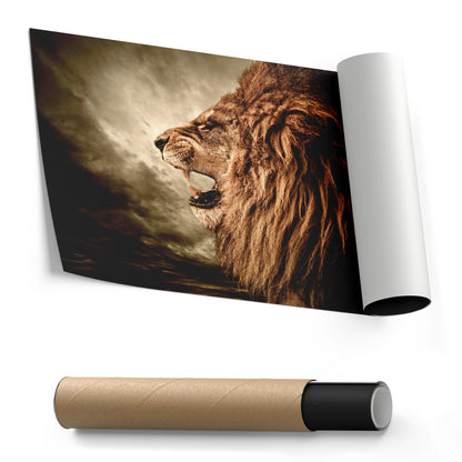 Roaring Lion Against Stormy Sky - Canvas Wall Art Decor