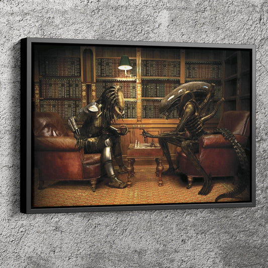 Alien vs Predator Playing Chess Wall Art Home Decor Hand Made Canvas Print